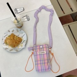 Szín: rózsaszín - Színes kockás lányok mobiltelefon tok Crossbody táskák mini négyzet alakú női vászon válltáska