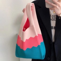 Szín: rózsaszín - Női kötött kézitáska Boho strandtáska, japán stílusú, alkalmi, újrafelhasználható