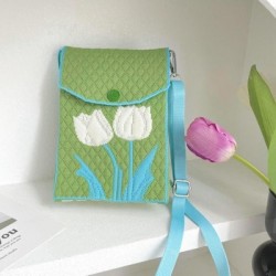 Szín: zöld - Női kis válltáska Aranyos Tulipán Virág Kötött Táska Mini négyzet Napi Mobiltelefon Pouch Lányok