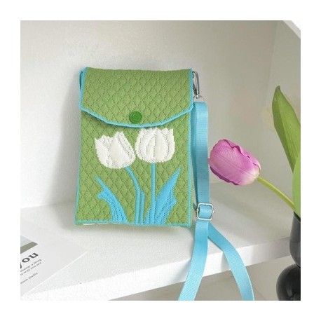 Szín: zöld - Női kis válltáska Aranyos Tulipán Virág Kötött Táska Mini négyzet Napi Mobiltelefon Pouch Lányok