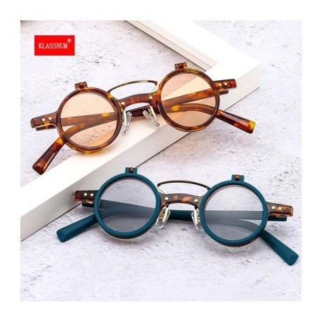 Lencsék színe: Leopard-Champagne - KLASSNUM Vintage Steampunk Flip Napszemüvegek Férfi Kis Kerek Keretes Napszemüvegek